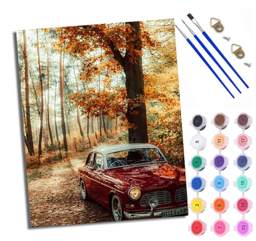 WXRWANG Malen Nach Zahlen ErwachseneRetro-Auto im Wald DIY handgemaltes Ölgemälde Set für Anfänger und Erwachsene Acrylfarbe Kreative Heimdekoration Geschenk Weihnachten von WXRWANG