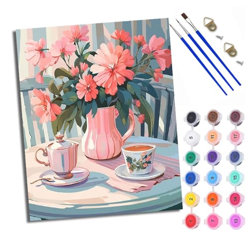 WXRWANG Malen Nach Zahlen ErwachseneRosa Blumen Teeservice Kleine Szene DIY handgemaltes Ölgemälde Set für Anfänger und Erwachsene Acrylfarbe Kreative Heimdekoration Geschenk Weihnachten von WXRWANG