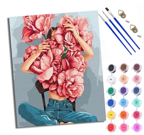 WXRWANG Malen Nach Zahlen ErwachseneSchöne Frau mit Blumen DIY handgemaltes Ölgemälde Set für Anfänger und Erwachsene Acrylfarbe Kreative Heimdekoration Geschenk Weihnachten von WXRWANG