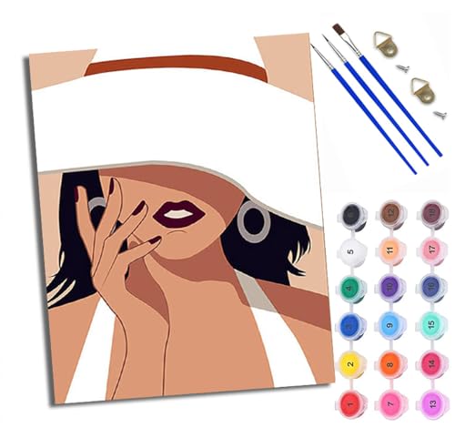 WXRWANG Malen Nach Zahlen ErwachseneSchönheit mit weißem Hut DIY handgemaltes Ölgemälde Set für Anfänger und Erwachsene Acrylfarbe Kreative Heimdekoration Geschenk Weihnachten von WXRWANG