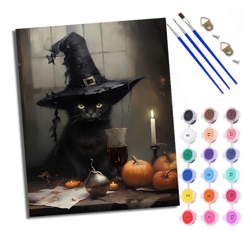 WXRWANG Malen Nach Zahlen ErwachseneSchwarze Katze mit Hexenhut DIY handgemaltes Ölgemälde Set für Anfänger und Erwachsene Acrylfarbe Kreative Heimdekoration Geschenk Weihnachten von WXRWANG