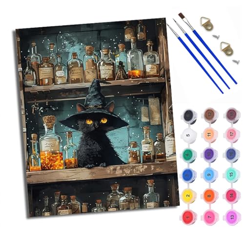 WXRWANG Malen Nach Zahlen ErwachseneSchwarze Katze mit Hexenhut DIY handgemaltes Ölgemälde Set für Anfänger und Erwachsene Acrylfarbe Kreative Heimdekoration Geschenk Weihnachten von WXRWANG