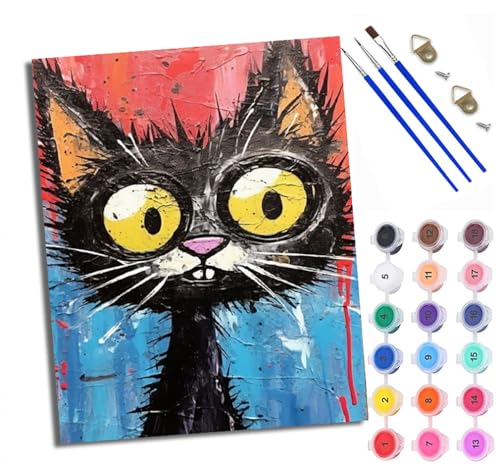WXRWANG Malen Nach Zahlen ErwachseneSchwarze Katze mit großen Augen DIY handgemaltes Ölgemälde Set für Anfänger und Erwachsene Acrylfarbe Kreative Heimdekoration Geschenk Weihnachten von WXRWANG