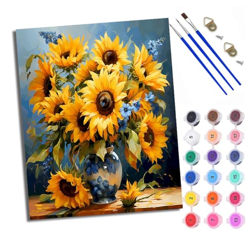 WXRWANG Malen Nach Zahlen ErwachseneSonnenblumen bemalte Vase DIY handgemaltes Ölgemälde Set für Anfänger und Erwachsene Acrylfarbe Kreative Heimdekoration Geschenk Weihnachten von WXRWANG