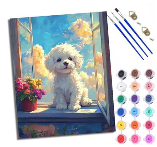 WXRWANG Malen Nach Zahlen ErwachseneSüßer Hund am Fenster DIY handgemaltes Ölgemälde Set für Anfänger und Erwachsene Acrylfarbe Kreative Heimdekoration Geschenk Weihnachten von WXRWANG