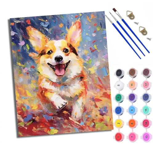 WXRWANG Malen Nach Zahlen ErwachseneSüßer laufender Corgi DIY handgemaltes Ölgemälde Set für Anfänger und Erwachsene Acrylfarbe Kreative Heimdekoration Geschenk Weihnachten von WXRWANG