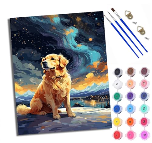 WXRWANG Malen Nach Zahlen ErwachseneVerträumter Sternenhimmel Golden Retriever DIY handgemaltes Ölgemälde Set für Anfänger und Erwachsene Acrylfarbe Kreative Heimdekoration Geschenk Weihnachten von WXRWANG