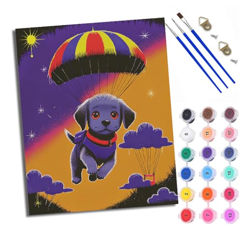 WXRWANG Malen Nach Zahlen ErwachseneWelpe mit Fallschirm DIY handgemaltes Ölgemälde Set für Anfänger und Erwachsene Acrylfarbe Kreative Heimdekoration Geschenk Weihnachten von WXRWANG
