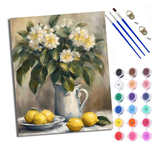 WXRWANG Malen Nach Zahlen ErwachseneZitronenvase Blumen DIY handgemaltes Ölgemälde Set für Anfänger und Erwachsene Acrylfarbe Kreative Heimdekoration Geschenk Weihnachten von WXRWANG
