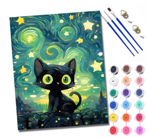 WXRWANG Malen Nach Zahlen Für Erwachsene Fantasie Sternenhimmel Katze Malen Nach Zahlen Erwachsene Malen Nach Zahlen DIY Malen-Nach-Zahlen Kits Rahmenlose Leinwand Mit 3 Pinseln - 16 * 20 Zoll von WXRWANG
