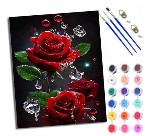 WXRWANG Malen Nach Zahlen Für Erwachsene Rosentautropfen Malen Nach Zahlen Erwachsene Malen Nach Zahlen DIY Malen-Nach-Zahlen Kits Rahmenlose Leinwand Mit 3 Pinseln - 16 * 20 Zoll von WXRWANG
