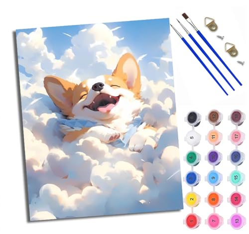 WXRWANG Malen Nach Zahlen Für Erwachsene Weißer Wolke süßer Welpe Malen Nach Zahlen Erwachsene Malen Nach Zahlen DIY Malen-Nach-Zahlen Kits Rahmenlose Leinwand Mit 3 Pinseln - 16 * 20 Zoll von WXRWANG