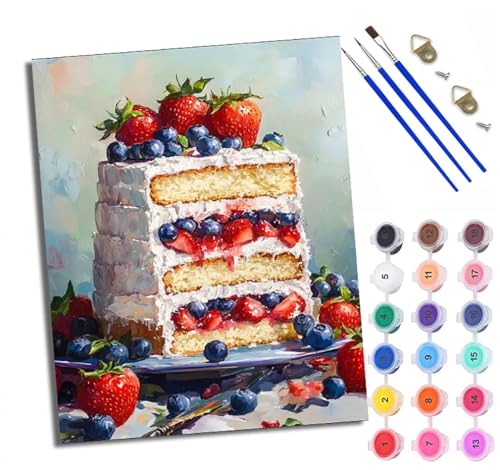 WXRWANG Malen nach Zahlen Erwachsene Malsets für Erwachsene mit PinselnBeeren-Geburtstagskuchen Malen nach Zahlen auf Leinwand Acryl Pigment Kunsthandwerk 40 x 50 cm(rahmenlos) von WXRWANG
