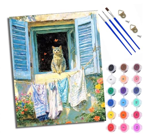 WXRWANG Malen nach Zahlen Erwachsene Malsets für Erwachsene mit PinselnBlumen der getigerten Katze Malen nach Zahlen auf Leinwand Acryl Pigment Kunsthandwerk 40 x 50 cm(rahmenlos) von WXRWANG