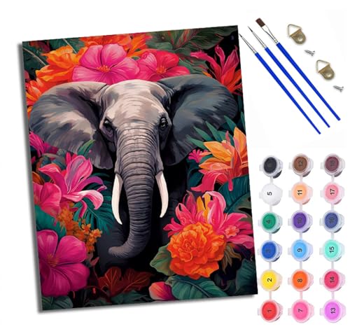 WXRWANG Malen nach Zahlen Erwachsene Malsets für Erwachsene mit PinselnBunter Blumenelefant Malen nach Zahlen auf Leinwand Acryl Pigment Kunsthandwerk 40 x 50 cm(rahmenlos) von WXRWANG