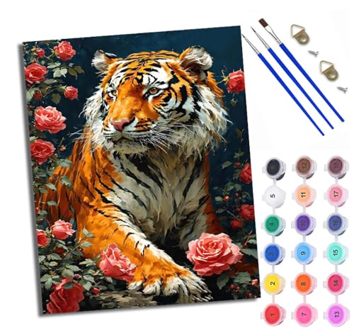 WXRWANG Malen nach Zahlen Erwachsene Malsets für Erwachsene mit PinselnRosenbusch Tiger Malen nach Zahlen auf Leinwand Acryl Pigment Kunsthandwerk 40 x 50 cm(rahmenlos) von WXRWANG
