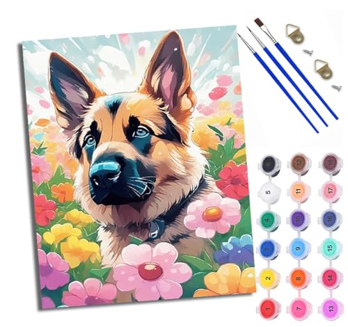WXRWANG Malen nach Zahlen Erwachsene Malsets für Erwachsene mit PinselnVerträumter Blumenwelpe Malen nach Zahlen auf Leinwand Acryl Pigment Kunsthandwerk 40 x 50 cm(rahmenlos) von WXRWANG