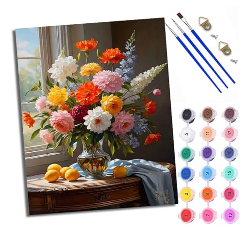 WXRWANG Malen nach Zahlen Erwachsene Malsets für Erwachsene mit PinselnZitronenvase Blumen Malen nach Zahlen auf Leinwand Acryl Pigment Kunsthandwerk 40 x 50 cm(rahmenlos) von WXRWANG
