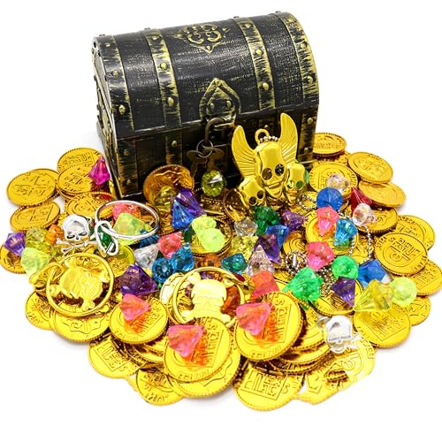 WYFCR 205PCS Kinder Piraten Schatz Truhe Spielzeug Box ,100 Gramm Diamanten 100 Maya Münzen, 2 Ringe, 2 Ohrringe und 3 Gold Schädel Halskette jeweils, für Piraten Themed Party Gefälligkeiten WYFCR 205PCS Kinder Piraten Schatz Truhe Spielzeug Box ,100 Gramm Diamanten 100 Maya Münzen, 2 Ringe, 2 Ohrringe und 3 Gold Schädel Halskette jeweils, für Piraten Themed Party Gefälligkeiten von WYFCR