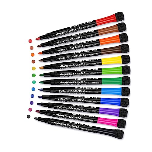 WYLZLKX Magnetische Marker, 12 verschiedene Farben, trocken abwischbar, Whiteboard-Stifte mit Radiergummi von WYLZLKX