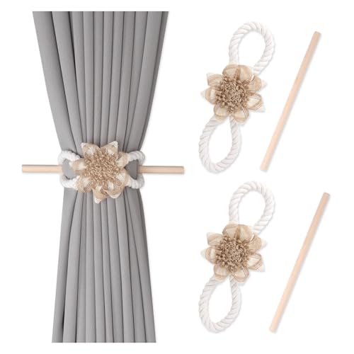 WYNYMKO Raffhalter für Vorhänge 2 Paar Blumen-Holzstäbchen, Vorhang-Bindeseil, Schnallen-Clip, Schlafzimmer, hängende Vorhanghalter, Raffhalter, Vorhang-Zubehör, Heimdekoration(Cotton Rope A) von WYNYMKO