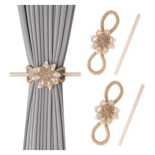 WYNYMKO Raffhalter für Vorhänge 2 Paar Blumen-Holzstäbchen, Vorhang-Bindeseil, Schnallen-Clip, Schlafzimmer, hängende Vorhanghalter, Raffhalter, Vorhang-Zubehör, Heimdekoration(Hemp Rope A) von WYNYMKO