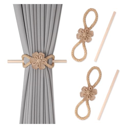WYNYMKO Raffhalter für Vorhänge 2 Paar Blumen-Holzstäbchen, Vorhang-Bindeseil, Schnallen-Clip, Schlafzimmer, hängende Vorhanghalter, Raffhalter, Vorhang-Zubehör, Heimdekoration(Hemp Rope B) von WYNYMKO