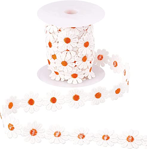 Blumenstickerei-Spitzenapplikationen, Spitzenband mit Gänseblümchen-Blumenrand, Applikation, 25 mm breit, 6,4 m pro Rolle, Polyester, mehrfarbig(Dark Orange) von WYQXTY