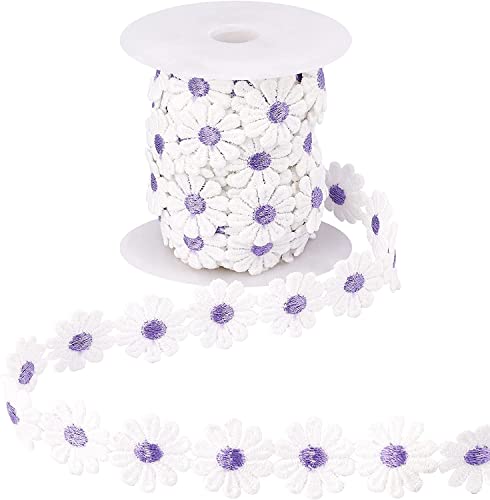 Blumenstickerei-Spitzenapplikationen, Spitzenband mit Gänseblümchen-Blumenrand, Applikation, 25 mm breit, 6,4 m pro Rolle, Polyester, mehrfarbig(Medium Purple) von WYQXTY