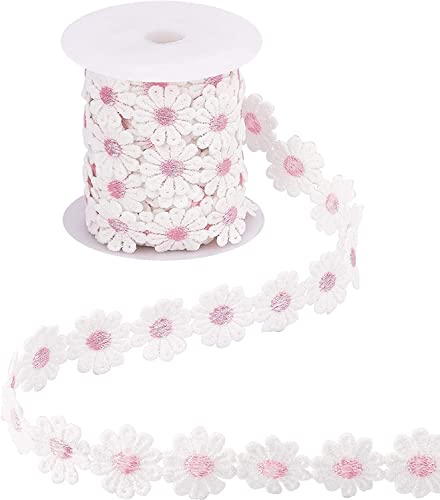 Blumenstickerei-Spitzenapplikationen, Spitzenband mit Gänseblümchen-Blumenrand, Applikation, 25 mm breit, 6,4 m pro Rolle, Polyester, mehrfarbig(Roze) von WYQXTY