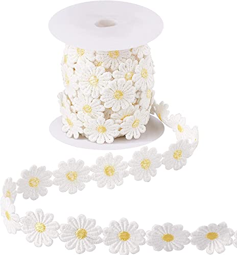 Blumenstickerei-Spitzenapplikationen, Spitzenband mit Gänseblümchen-Blumenrand, Applikation, 25 mm breit, 6,4 m pro Rolle, Polyester, mehrfarbig(Unique Colour) von WYQXTY