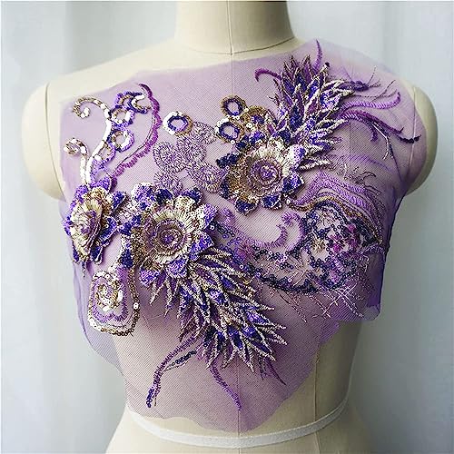 Blumenstickerei-Spitzenapplikationen, Stickerei-Applikation, 3D-Blumen-Strass, Tüllstoff, Hochzeitskleid, DIY-Dekoration, Lila, 30 cm x 33 cm(Purple) von WYQXTY