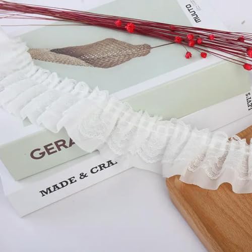 Spitzenbordüre, 1,96 x 39,3 Zoll schwarzer doppellagiger Chiffon-Spitzenbesatzstoff mit Rüschen(White) von WYQXTY