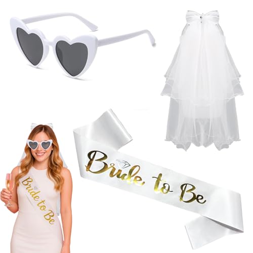 WYRGQIQN 3 Stück JGA Accessoires Frauen- Schleier JGA Weiße, Bride to Be Schärpe,JGA Accessoires für Frauen - Hochzeit Set mit Schleier, Gürtel & Herz Sonnenbrille - Weiß, Elegante Brautaccessoires WYRGQIQN 3 Stück JGA Accessoires Frauen- Schleier JGA Weiße, Bride to Be Schärpe,JGA Accessoires für Frauen - Hochzeit Set mit Schleier, Gürtel & Herz Sonnenbrille - Weiß, Elegante Brautaccessoires von WYRGQIQN