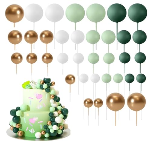Mini Ball Kuchenaufsätze, Mini Ballon Kuchendekorationen, Schaumstoff Kugel Kuchenspieße, kugelförmige Cupcake Topper, DIY Kucheneinsatz (Dark green+light green+white+gold) von WYSUMMER