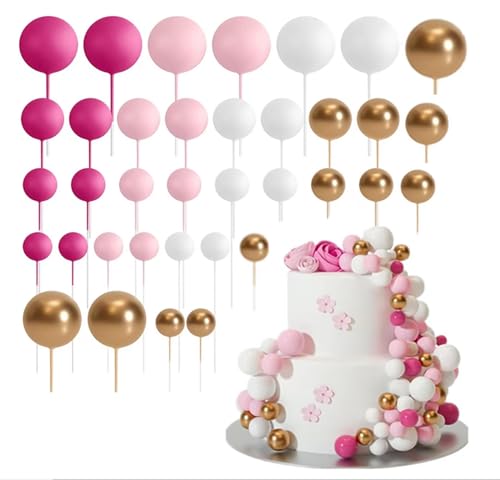 Mini Ball Kuchenaufsätze, Mini Ballon Kuchendekorationen, Schaumstoff Kugel Kuchenspieße, kugelförmige Cupcake Topper, DIY Kucheneinsatz (Rose rot+rosa+weiß+gold) von WYSUMMER