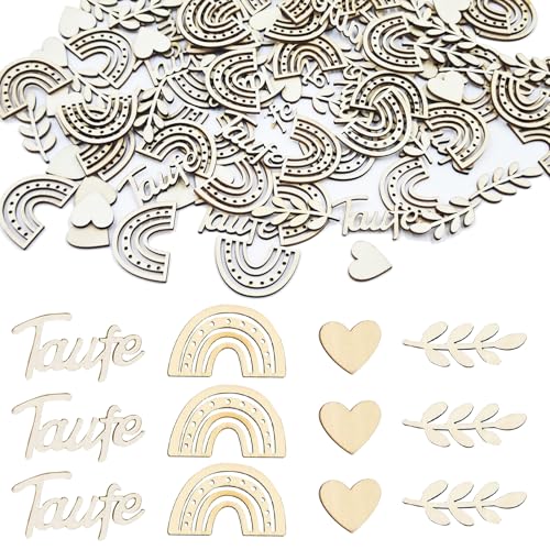100 Stück Holz Kommunion Konfetti, Baby Party Deko Tischdeko in 4 Formen, Taufe Gemischtes Muster, Regenbogen Boho Konfetti, Herzförmige Holzfurnier Dekoration für Birthday von WYTNB