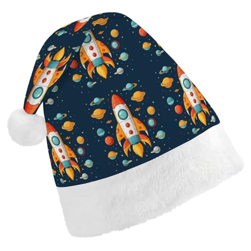 WYUSPGK Weihnachtsmütze Rakete Clipart Raumschiff Druck Weihnachtsmütze mit Plüschbesatz Weihnachten Thema Outfit Festliche Nikolausmütze von WYUSPGK