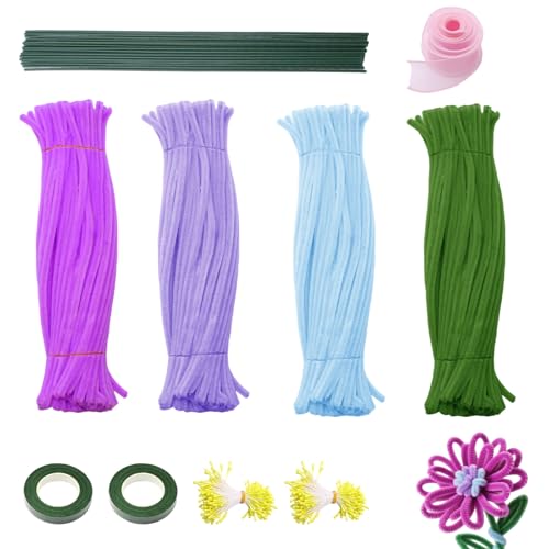 WYYFXY® Pfeifenputzer zum Basteln Set, 400 Stück Pfeifenreiniger Blumen Pipe Cleaner 4 Farben mit Grün Basteldraht, Klebeband, Geschenkband, Blumen Staubblatt für Bastelprojekte (Hellblau Lila) von WYYFXY