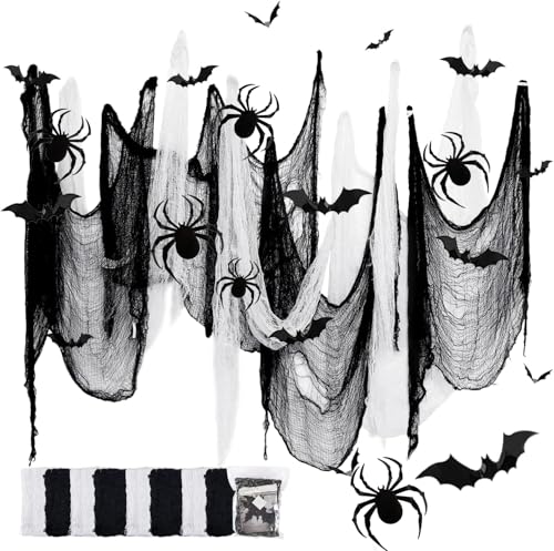 8 Stücke Halloween Deko Stoff, Gruselige Stoff 183 * 76CM mit 28 Fledermaus, 12 3D Spinnen Deko, für Halloween Party Innen Außen Gruselhäuser Türen(4 Schwarz + 4 Weiß) von WZBBJuser
