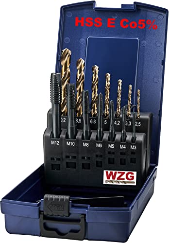 HSS E Co5% Gewindebohrer Set Satz Metrisch M3, M4, M5, M6, M8, M10, M12, inklusive HSS E Co5% Kernlochbohrer für alle Gewinde in einer ABS Box von WZG