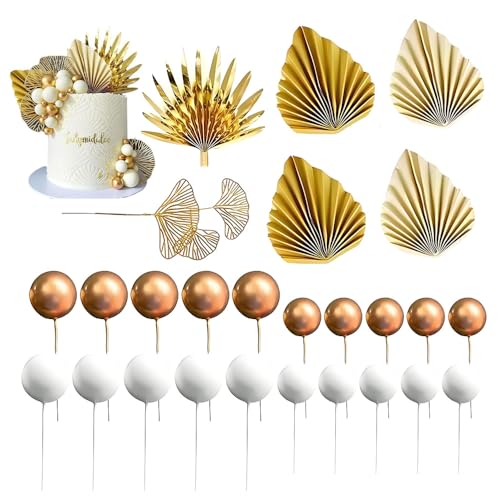 Champagnerrosen-Kuchendekorationskugeln, 26 Stück, Kuchendekoration, goldene Palmenblätter, Papierpalmenfächer, Kuchendekorationen, Dekoration, Boho, weiße Kugel für Geburtstag, Hochzeit (Gold) von WZHHDM