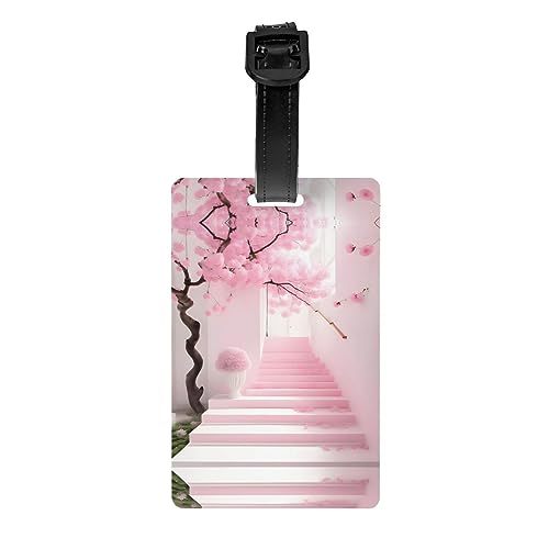 Rosa Kirschblüten Treppe Golftasche Sichtschutzfolie Abnehmbare Aktentasche (8,4 x 5,3 cm), Kinder Schultasche, Sporttaschenetikett, Reisegepäcketikett von WZYCWB