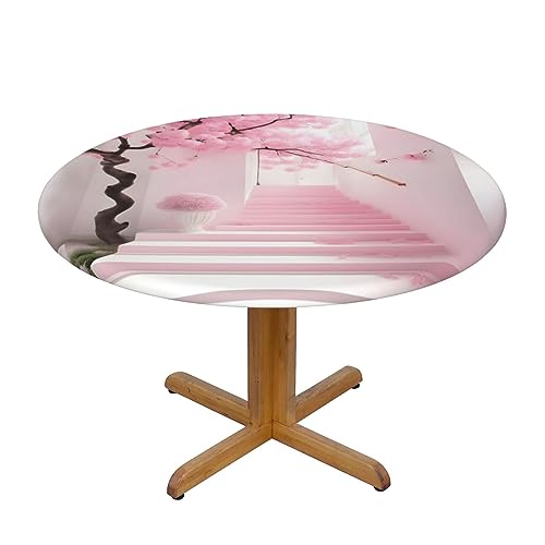 WZYWHJ Kirschblüten-Treppen-Drucke, runde Tischdecke, wasserdicht, knitterfrei, für Esstisch, Dekoration, Tischdecke von WZYWHJ