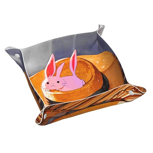 WZYWHJ Leder-Ablagetablett für Nachttisch, Schreibtisch, Schminktisch und mehr, leicht zu reinigen, mittelgroßer Hasen-Anhänger auf Strohhut-Druck von WZYWHJ