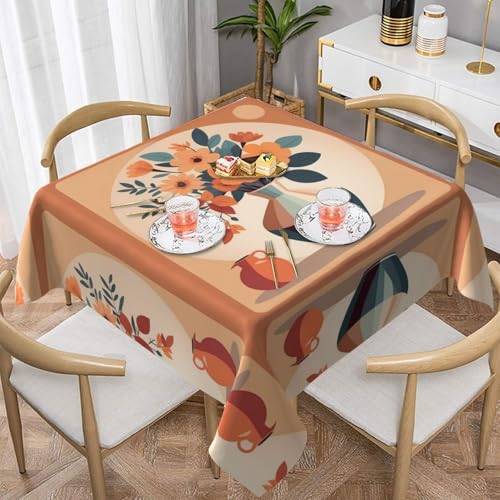 WZYWHJ Quadratische dekorative Tischdecke, 137,2 x 137,2 cm, waschbar, wiederverwendbar, Retro-geometrisches Blumenarrangement-Bild von WZYWHJ