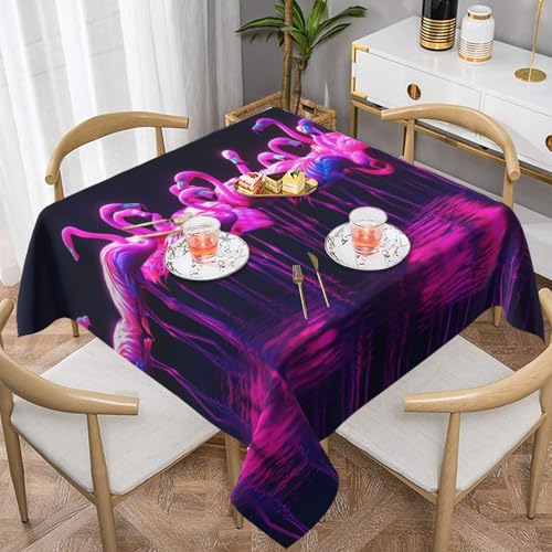 WZYWHJ Quadratische dekorative Tischdecke, 137,2 x 137,2 cm, waschbar, wiederverwendbar, mit Flocken von neonfarbenen Flamingos von WZYWHJ