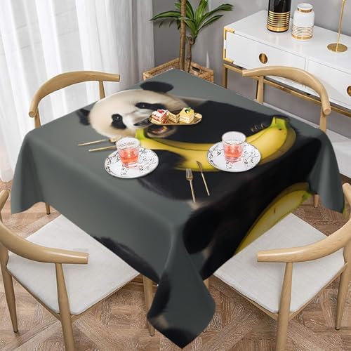 WZYWHJ Quadratische dekorative Tischdecke, 137,2 x 137,2 cm, waschbar und wiederverwendbar, Motiv: Panda, essende Banane von WZYWHJ