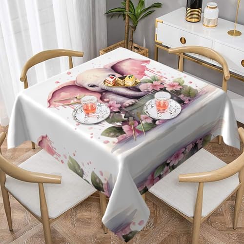 WZYWHJ Quadratische dekorative Tischdecke, 137,2 x 137,2 cm, waschbar und wiederverwendbar, kleiner rosa Elefant beim Baden von WZYWHJ