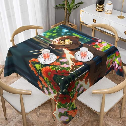 WZYWHJ Quadratische dekorative Tischdecke, 152,4 x 152,4 cm, waschbar, wiederverwendbar, Blumen- und Welpen-Muster von WZYWHJ